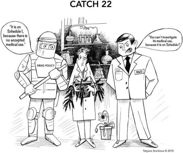 Cartoon depicting the Catch 22 of drug policy